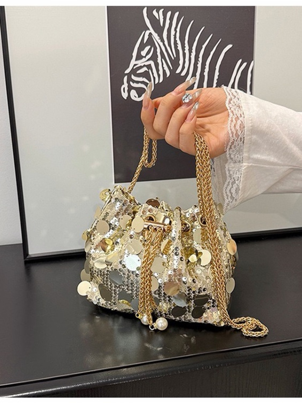 Gold Sequin Drawstring Shoulder Bag - Women